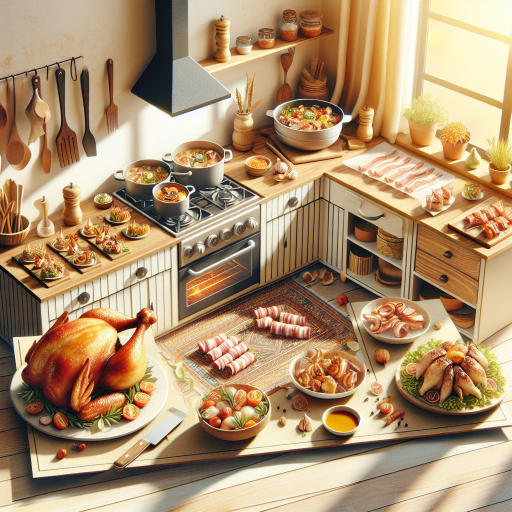 Kuchnia z potrawami z kurczaka i słoniny